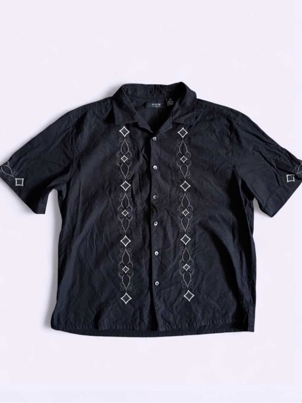 Axis LA Black Embroidered Guayabera Silk Cotton Button Shirt